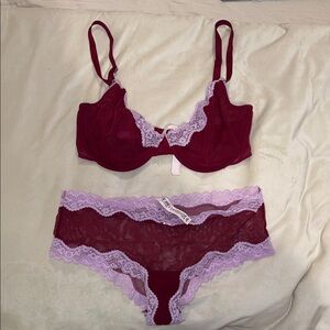 VS Sheer Lace Trim Burgundy and Lavender Bra & Panty Set